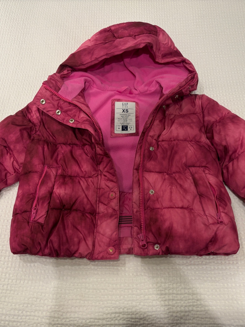 GAP Girls' Maroon-Pink Tie-Dye Hooded Puffer Jacket